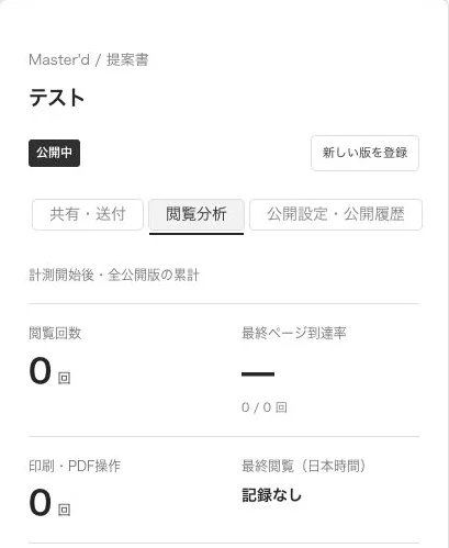 閲覧分析のタブ。閲覧回数、最終ページ到達率、印刷・PDF操作、最終閲覧（日本時間）