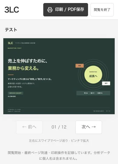 スマートフォン幅での閲覧画面。スライド1枚と前後のボタン、「左右にスワイプでページ送り・ピンチで拡大」の案内