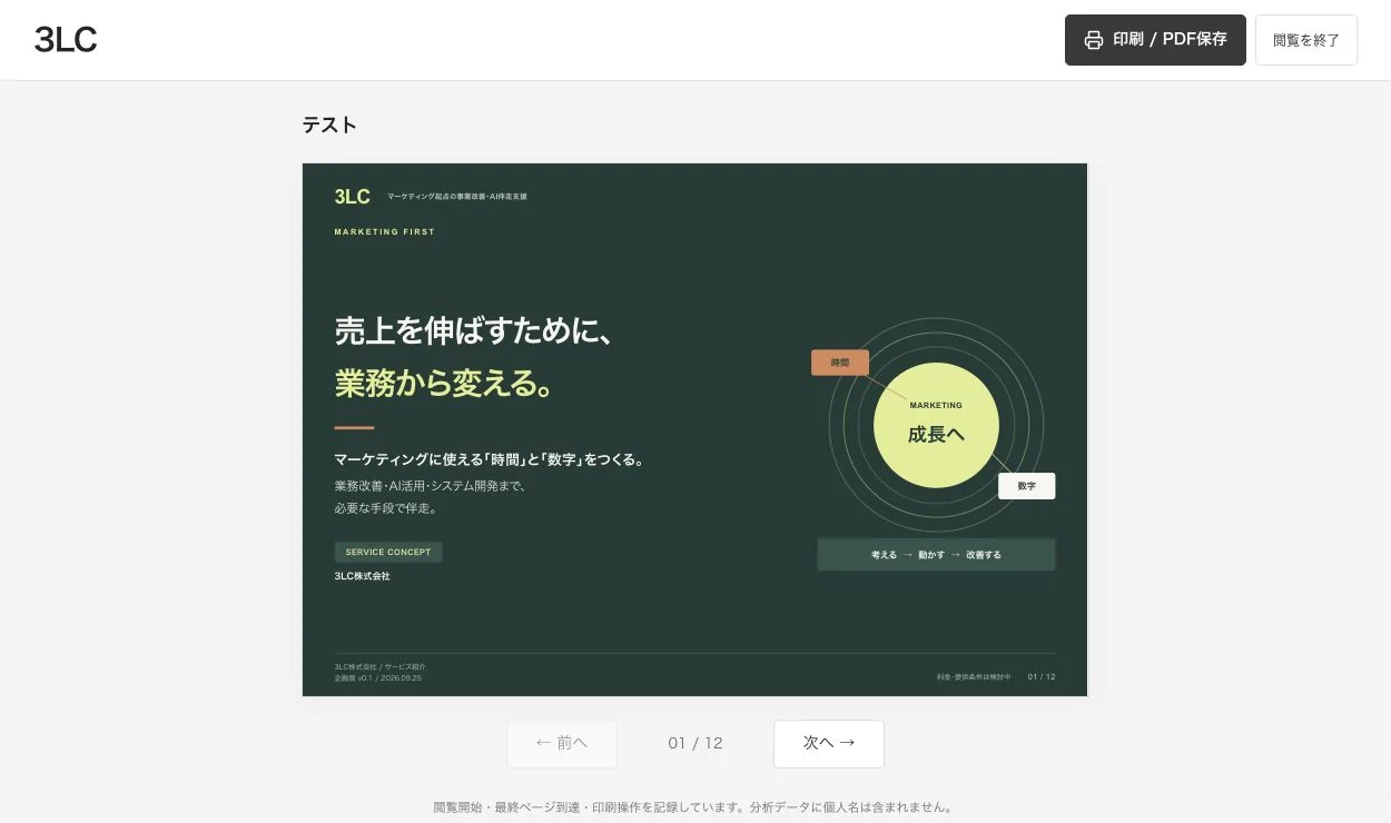 PCでの閲覧画面。資料のスライドが1枚表示され、下に「前へ」「次へ」とページ番号、上に「印刷 / PDF保存」「閲覧を終了」ボタンがある