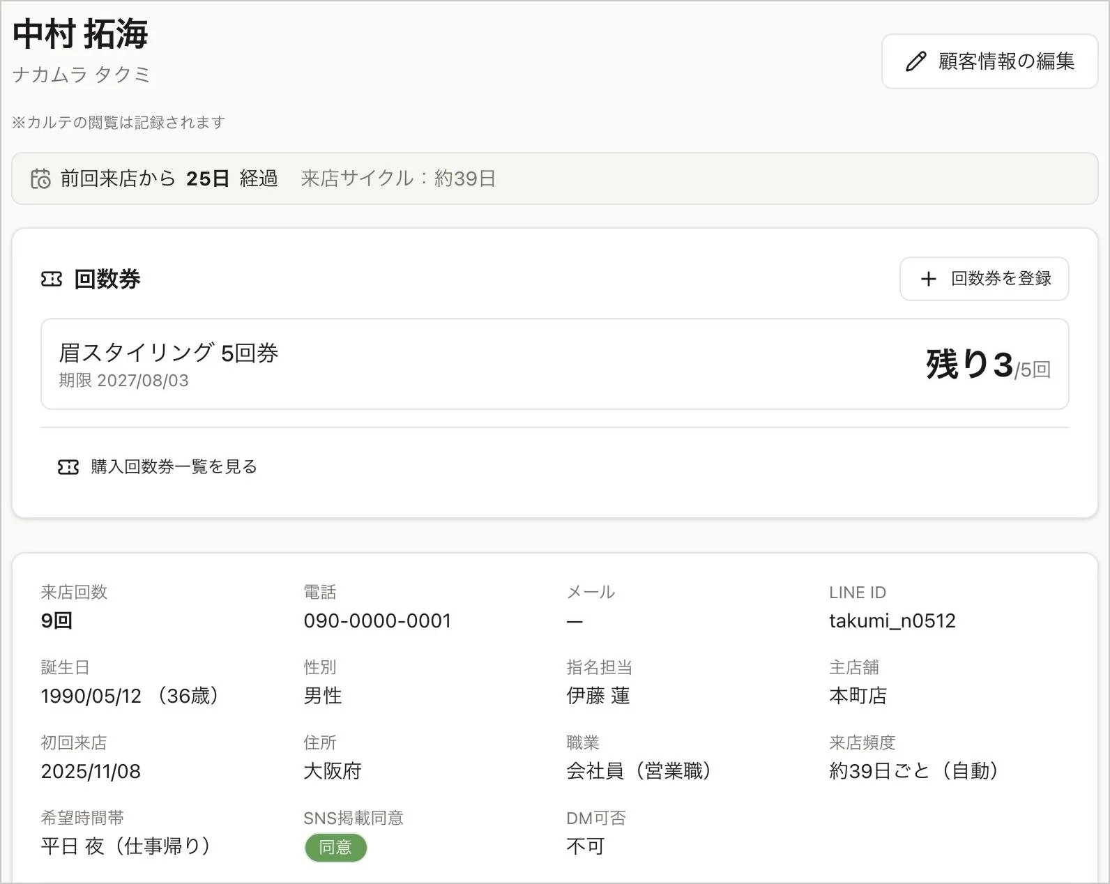 顧客詳細の画面の上部。氏名とカルテの閲覧が記録される旨の注記、前回来店からの日数と来店サイクル、回数券の残りと期限、来店回数・連絡先・指名担当・主店舗・同意などの基本情報